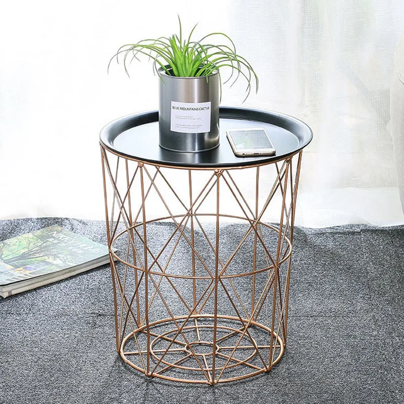 

Modern Gold Round Wire Metal Storage Basket Side Table-ABUX