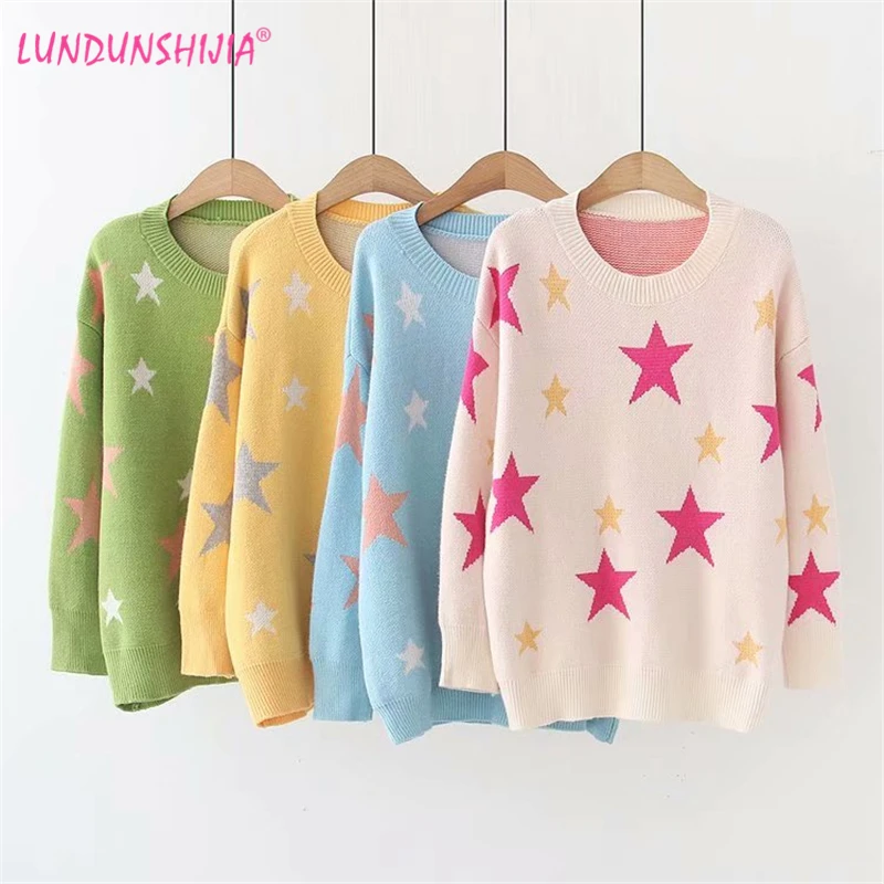 

LUNDUNSHIJIA 2019 Autumn Fashion Women Sweaters Knitted Pullover Girls All-match Five-pointed Star Printed O-neck Loose Sweaters