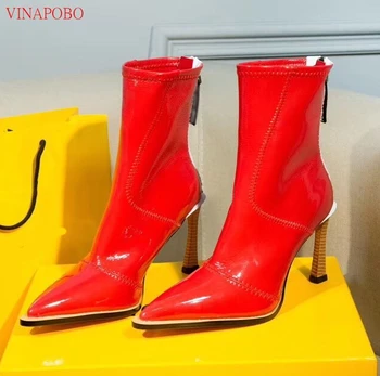 

Thin High Heel Ankle Boots Women Back Zip Waterproof Sealed Female Short Boots Pointed Toe Patent Leather Black booties femme