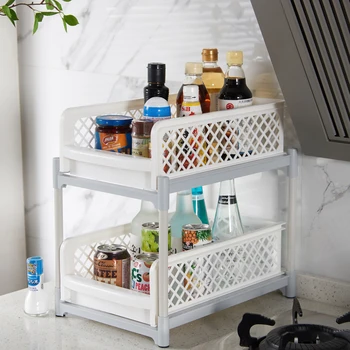 

2 tiers Multipurpose Plastic Storage Drawer Kitchen Spices Bottles Shelf Rack Cosmetic Home Bathroom Living Room Organizers