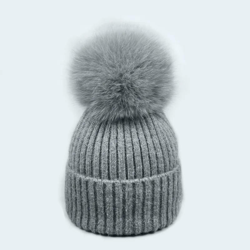 Шарф, шапка, набор, женская шапка, помпон, вязанные, Skullies Beanies, шапка, настоящий Лисий шарик, Осень-зима, теплые, одноцветные, натуральные Полосатые Шляпы - Цвет: J