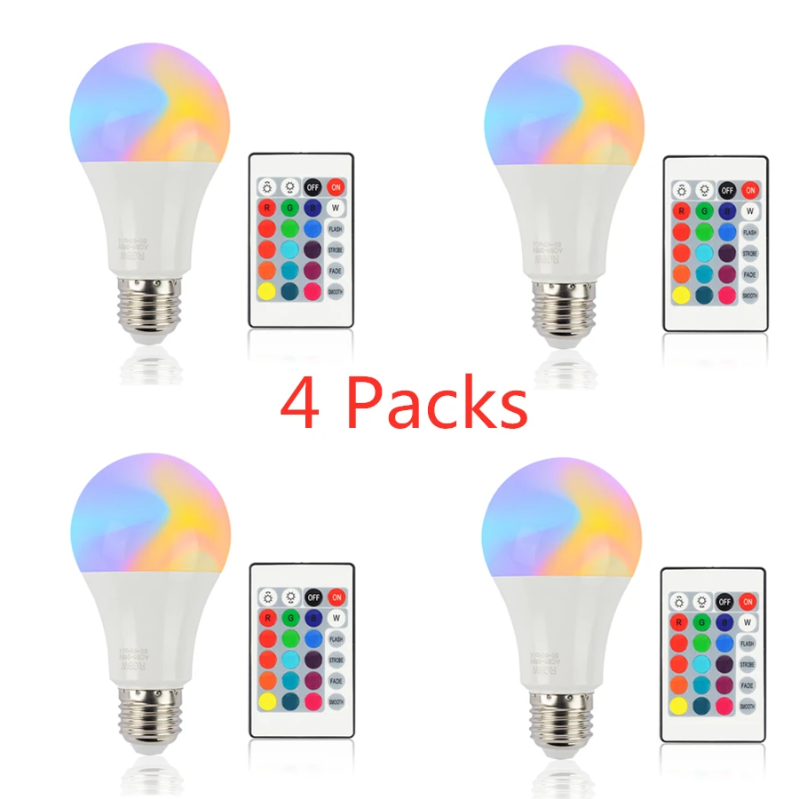 

4Packs E27 LED Bulb RGB + White 16 Color ,85-265V 10W Dimmable Light Bulbs Changeable RGB Bulb,With Remote Control for Party