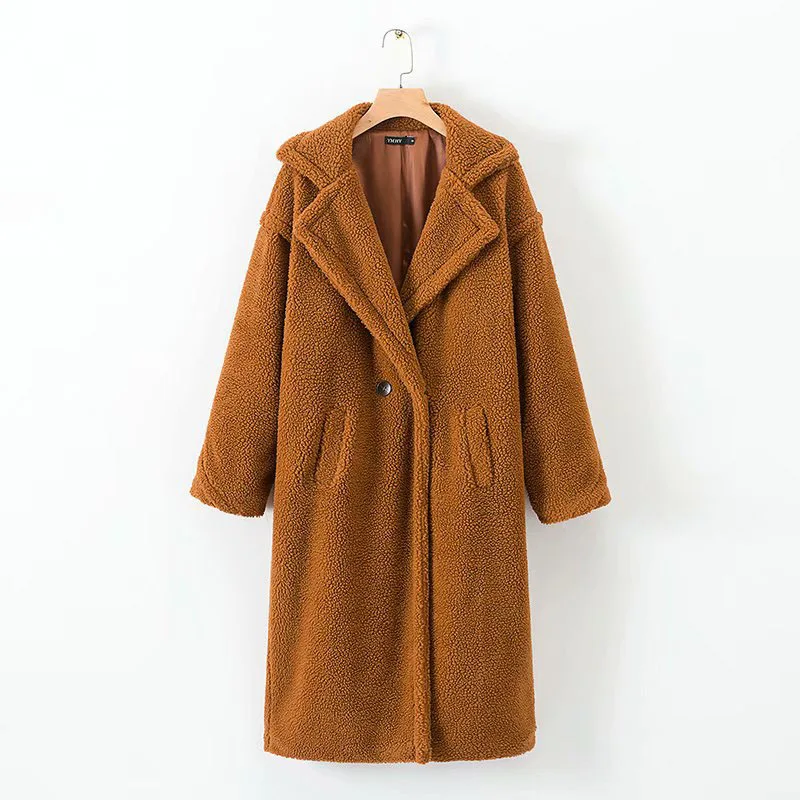 Bella philosophy, Женское зимнее теплое длинное пальто из искусственного меха, винтажное женское плотное пальто с длинным рукавом и плюшевым мишкой, свободная верхняя одежда - Цвет: Brown