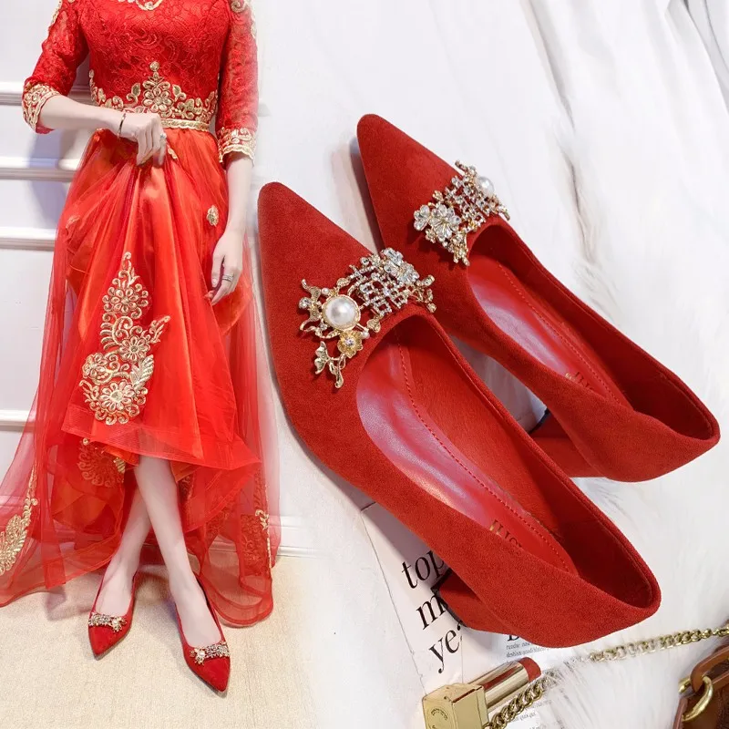 

2020 Spring Chunky Heel Pointed-Toe Suede Single Shoes Women's Luxury Man-made Diamond Red Xiu Shoes Semi-high Heeled Bride WOME