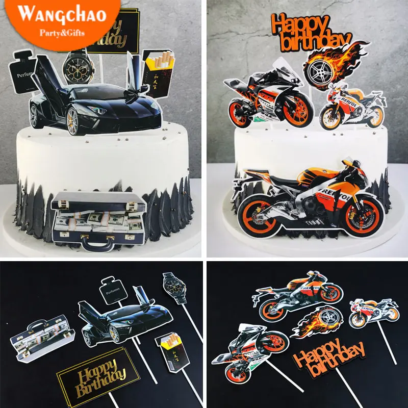 Motorcycle Combo Happy Birthday Cake Topper Boys Men Birthday Party Cake Decoration Roadster Car Theme Party Cupcake Supplies Cake Decorating Supplies Aliexpress