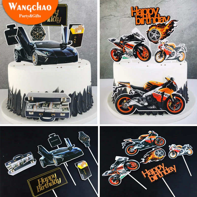 Motorcycle Combo Happy Birthday Cake Topper Boys Men Birthday Party Cake Decoration Roadster Car Theme Party Cupcake Supplies Cake Decorating Supplies Aliexpress