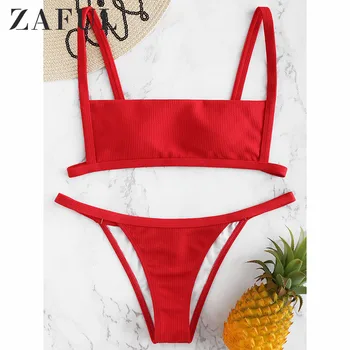 

ZAFUL Bikini Hook Ribbed String Bikini Set Wire Free Low Waisted Swim Suit Square Neck Swimwear Padded Solid Bathing Suit 2019