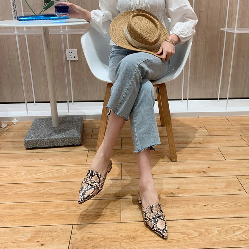 Snake Mules Shoes Women Flat Slippers Unicorn Animal Printed Pointed Toe Ladies Slip On Classic Summer Loafers Open Back