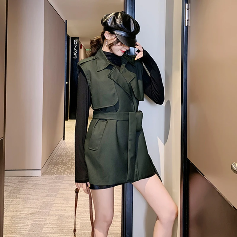 GALCAUR Tunic Autumn Women's Vest Coat Lapel Collar Sleeveless High Waist Lace Up Jackets For Female Clothing Fashion Tide