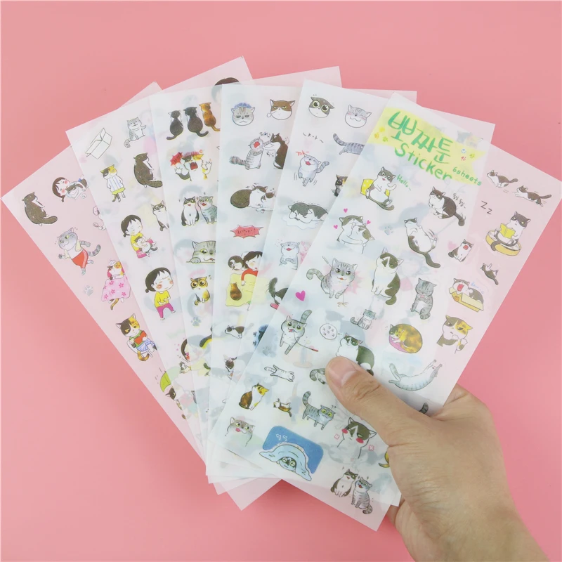 

6 Pcs / Pack Korea Stationery Wholesale Cute Cat Transparent Background Sticker Diary Decorative Stickers