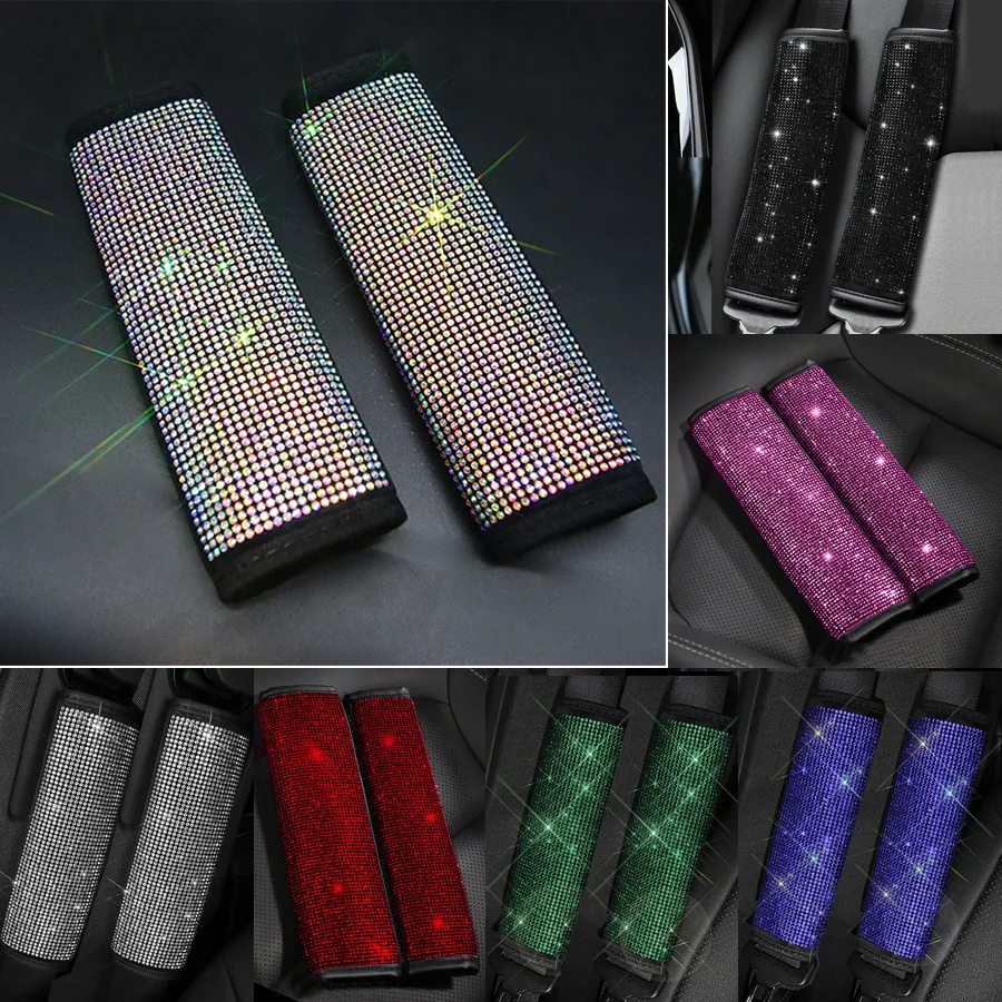 Bling Rhinestone Crystal Universal Car Seat Belt Pads Cover Soft Comfort Plush Shoulder Strap Harness Pad for Car Bag 2 Pack