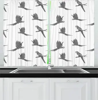 

Grey White Animal Kitchen Curtains Multitude Repetitive Monochromatic Composition Tropical Flying Parrot Bird for Kitchen Cafe