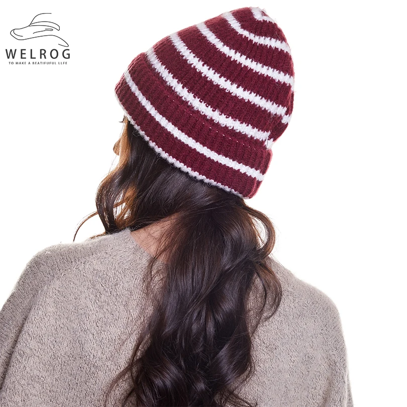 WELROG, теплая вязаная шапка Skullies, зимняя шапка, полосатая шапка, шапки, новые шапочки, Женская Повседневная Складная элегантная шапка