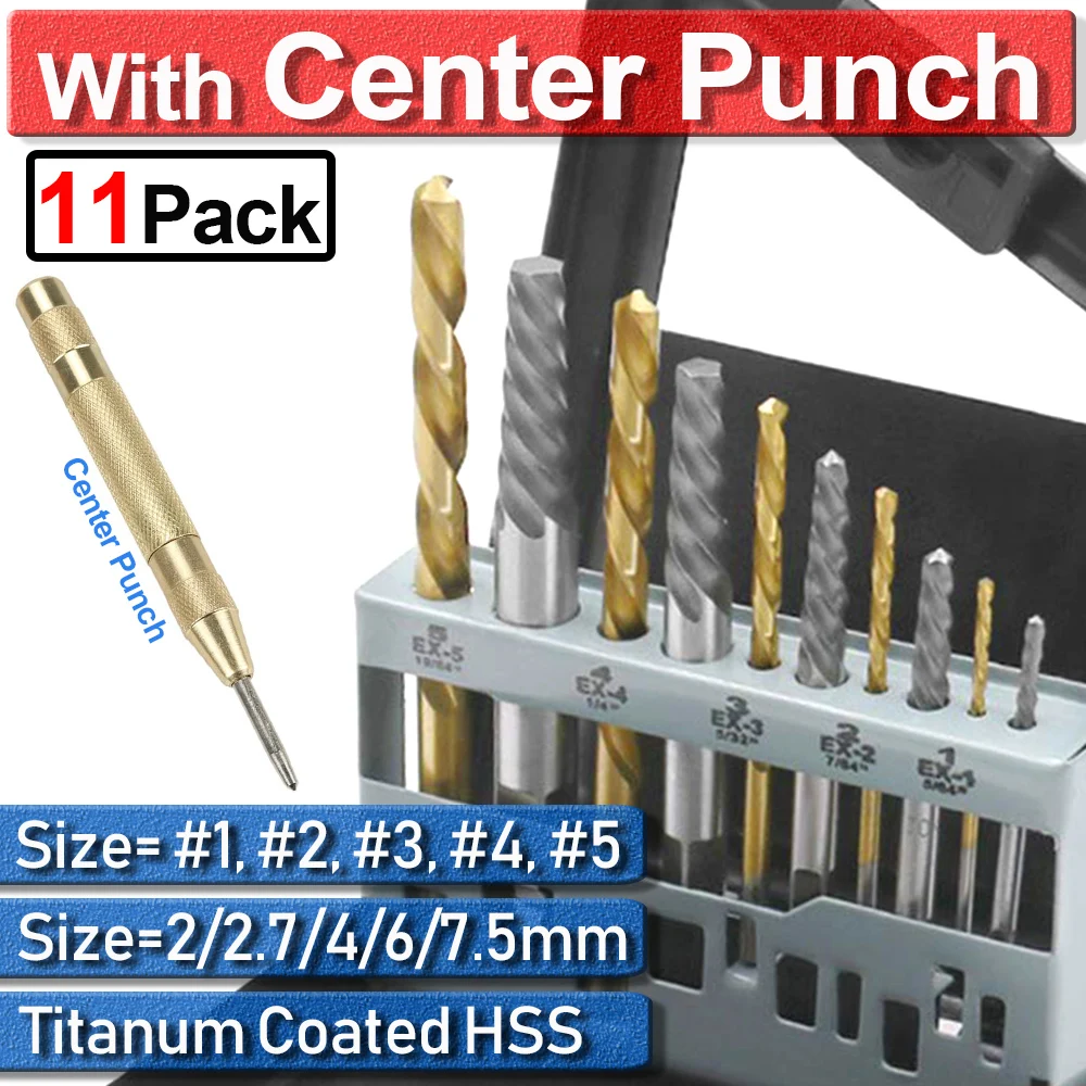 

Screw Extractor Set Titanum Coated Broken Bolt Damaged Screw Extractor Case Drill Bit Set 11 Pcs Hss Center Punch Tool D30