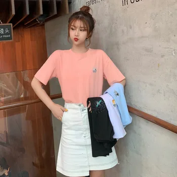 

2019 new women's T-shirt summer Korean fashion print loose personality round neck half sleeve bottoming shirt women T-Shirt Top