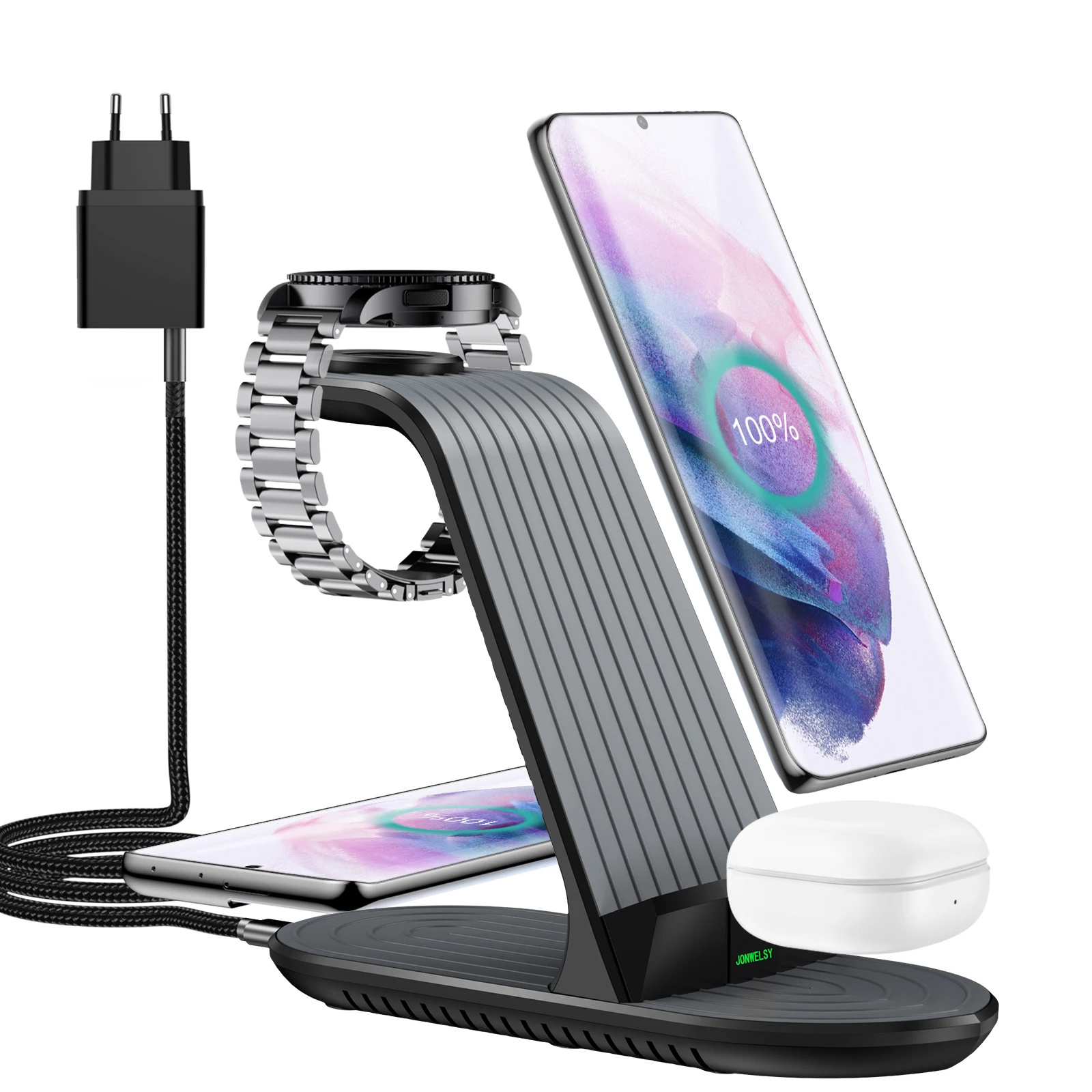 Wireless Charger 4 in 1 Qi Fast Charging Station for Samsung Galaxy Watch 3/Active 2/Gear S3/Sport/Buds/S21/Note 20 iPhone 12