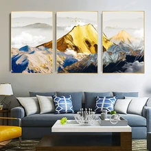 Chinese Golden Mountain Cloud Landscape Poster and Print Wall Art Canvas Painting Wall Picture Triple Painting Home Decor
