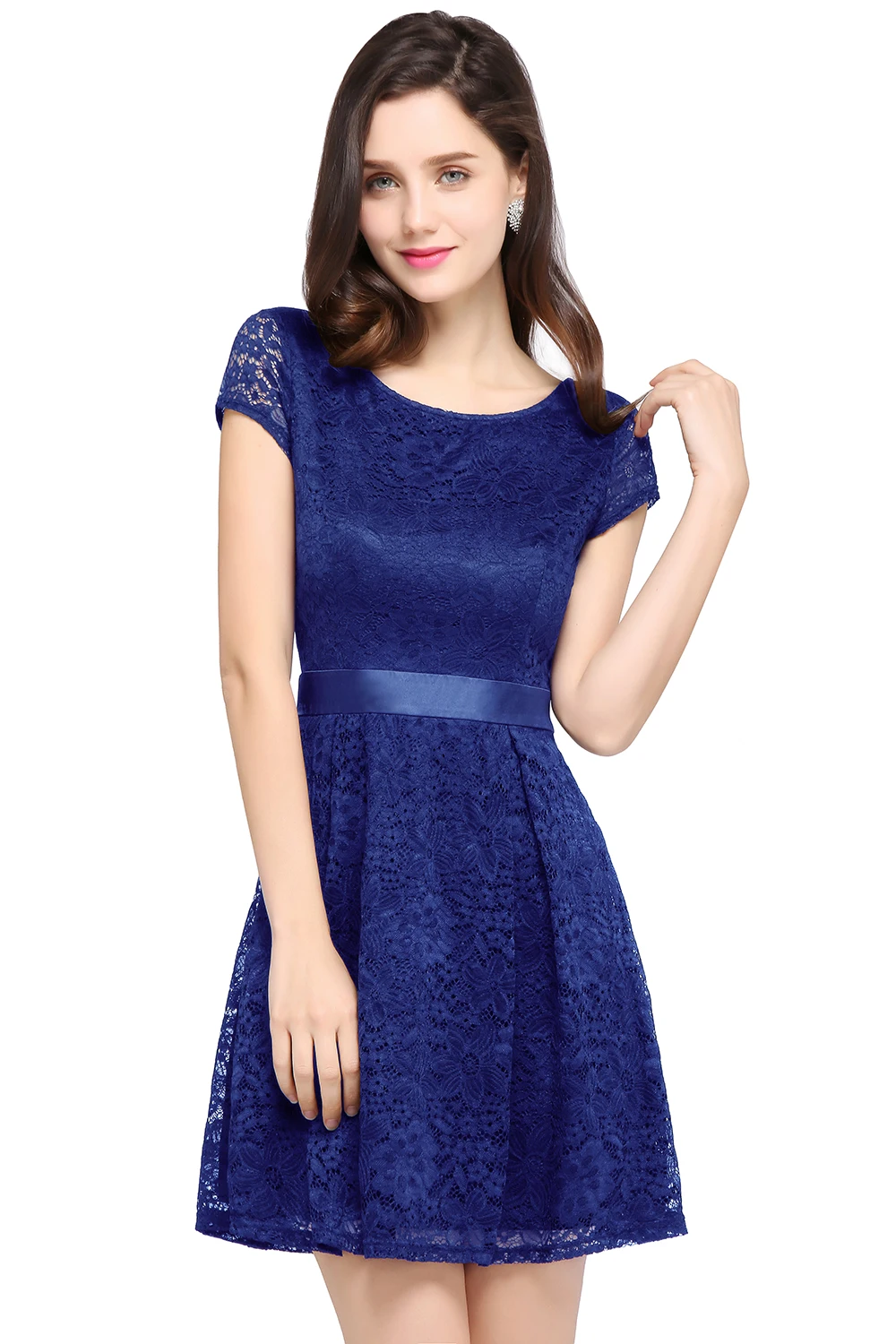 

Cheap Short Evening Dress Elegant Lace Mini Evening Dresses Royal Blue Red Black Party Formal Dress Pleated Fold Women Prom Gown