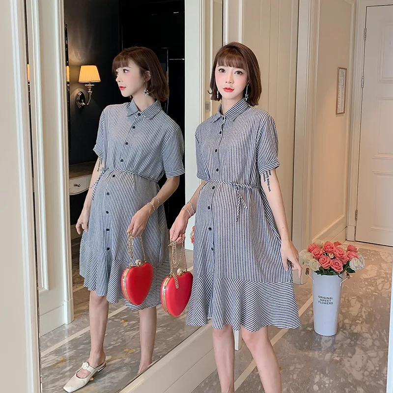 

Pregnant Women Summer Short-sleeve Dress 2019 Korean-style Fashion Stripes Mid-length Short-sleeved Shirt Pregnant Women Skirt S