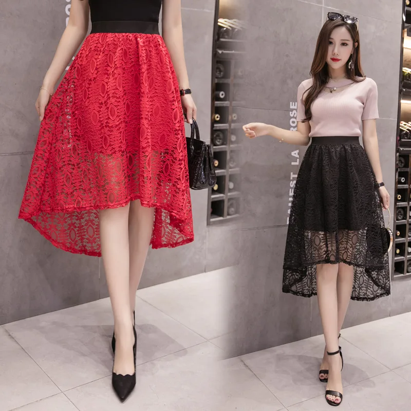 

Lace Mesh Dress Spring New Style INS Super Fire CHIC Pleated Long Skirts Female Summer Skirt Mid-length