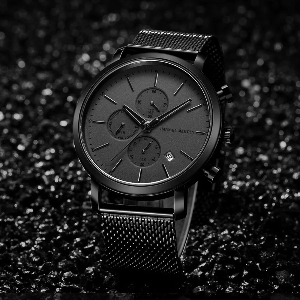 

Men Fashion Black Watch Luxury Brand Male Casual Business Quartz Clock Chronograph Waterproof Mesh Steel Date Man Wristwatches
