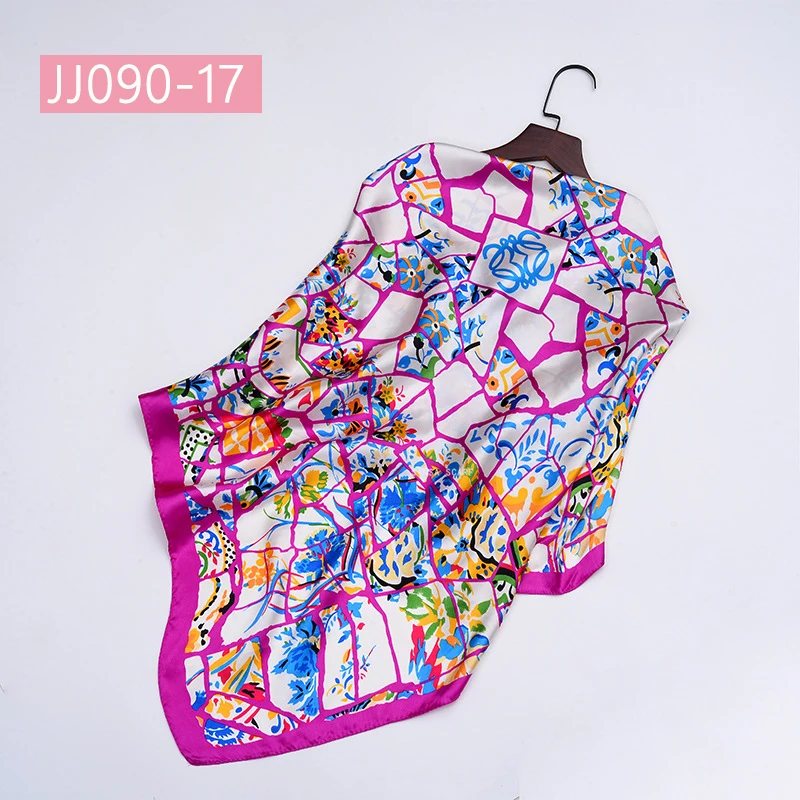 90*90 см квадратный шарф для женщин, подходит ко всему, элегантные цветочные шарфы для волос, Женская бандана, весна-осень, атласные шелковые шарфы, шаль - Цвет: JJ090-17