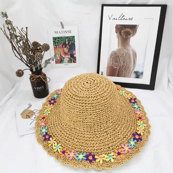

Outdoor Sport Cap Lady Sun Hat Wide Brim Bowknot Decorative Sunshade Folding Nylon Straw Plaiting Beach Cap Headwear Accessories