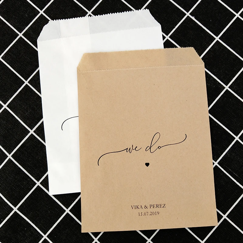 

Custom Personalised NAME and DATE Paper Wedding Engagement Favour Bag " we do " Candy,Cookies, Popcorn Bags White or Brown D03