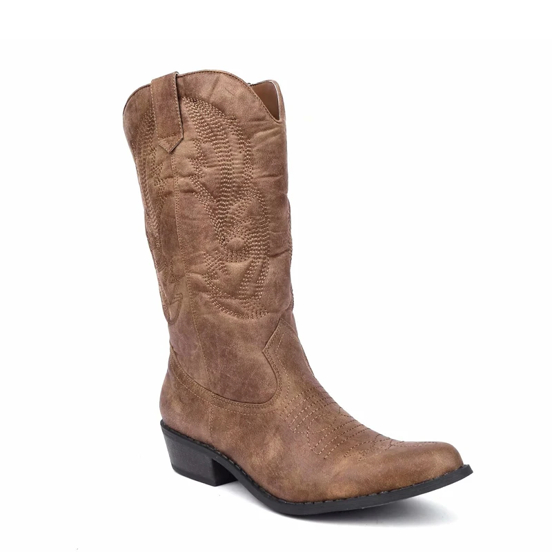 Maxmuxun Knee High Western Cowboy Boots National Retro Style in The Tube Pointed Square Root Totem Sewing Thread Women's Shoes