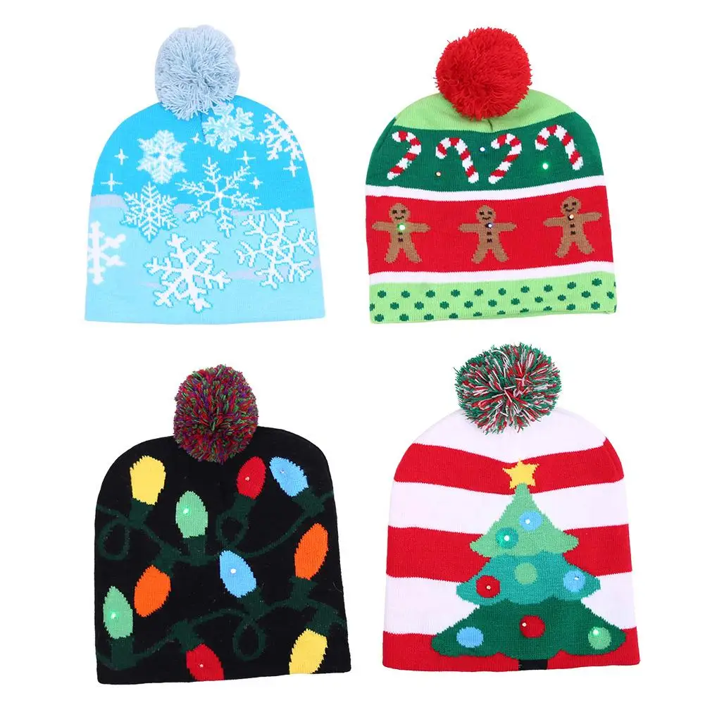 LED Christmas Hat Sweater Knitted Beanie Christmas Light Up Knitted Hat Christmas Gift for Kids 2022 New Year Decorations