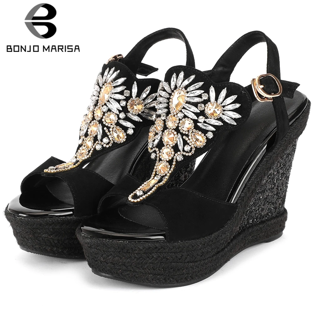 

BONJOMARISA Sexy Lady Genuine Leather Kid Suede Sandals Sunmmer Platform Sandals Women 2020 Flower Decoration Wedges Shoes Woman