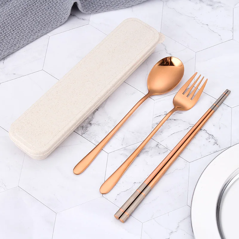 Rose Gold 3 шт./компл. палочки дозирующая детская ложка для вилки и ложки Портативный Western Кухня дорожные инструменты для кемпинга на природе, Нержавеющая сталь посуда - Цвет: Rose Gold