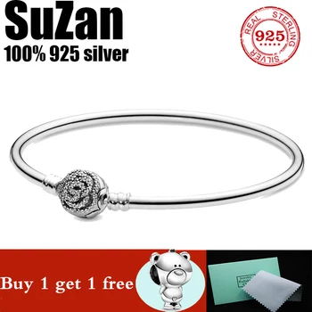 

Suzan Authentic original logo 100% 925 sterling silver pan charm chain bracelet for women fashion petal snake bracelet jewelry
