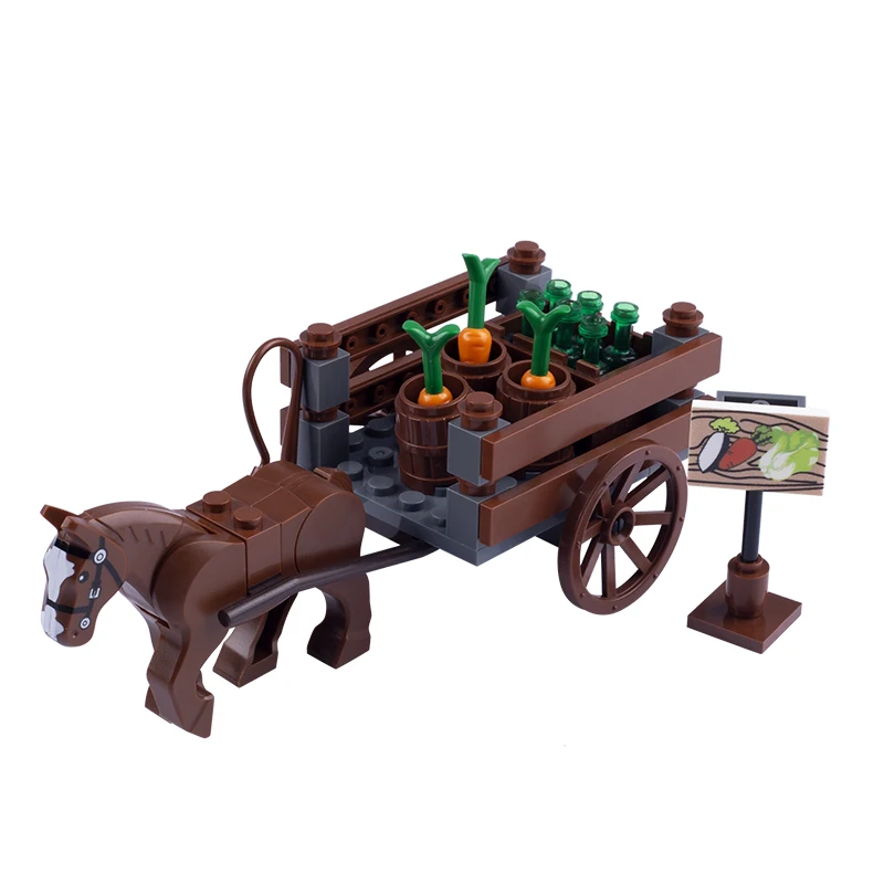 MOC Medieval Military War Horse Building Blocks Castle Knight Sled Ox Cart Dwarf Chariots Wood Vegetable Weapon Bricks Toy Gifts 4