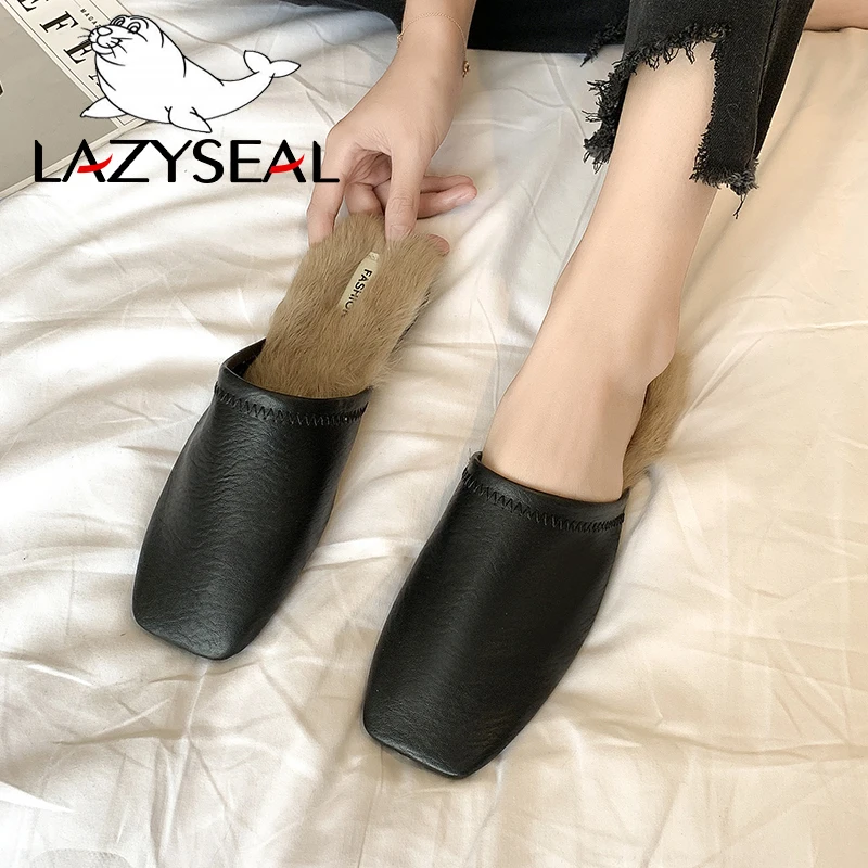 LazySeal туфли без задника с квадратным носком; женские шлепанцы; женские пушистые шлепанцы с натуральным кроличьим мехом; женские вьетнамки на плоской подошве; женские шлепанцы без задника