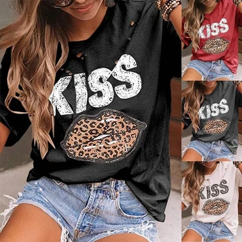 

2020 Summer Women Cotton Fashion T-shirt KISS Lip Printed Leopard Ripped Tee O-neck Casual Cheetah Lip Printed Short Sleeve Tee