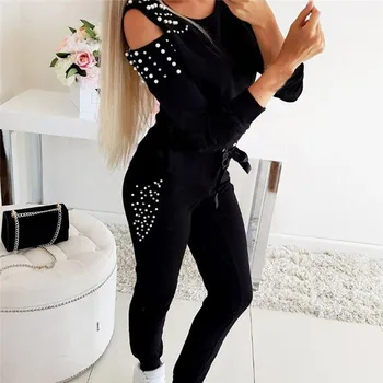 

Women Tracksuit Sportswear Fashion Solid Color Sport Suit Beading Sweatshirt And Pant Tracksuit Sport Suit Sportswear