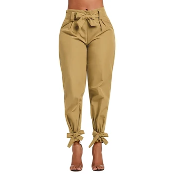 

Dihope Women Casual Loose Harem Pants Solid Color High Waist Bow Elastic Band Trousers Work Tie Bottom Slim Pants
