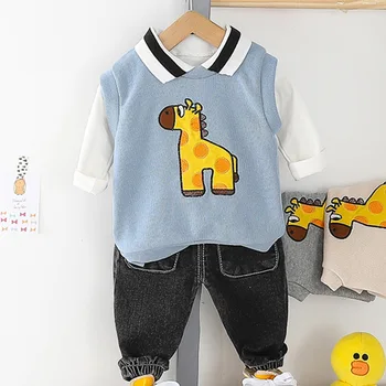 

Spring Infant Clothing For Boy Set White T-shirt+Cartoon Vest+Black Jeans 2pcs Pullover Toddler Baby Suit Cotton Newborn Outfit