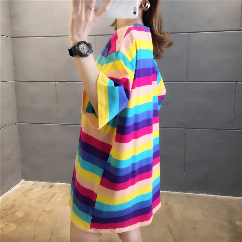 Summer Boyfriendy Loos Rainbow Striped T-shirts Women Plus Size Streetwear Harajuku Oversized T Shirt Casual Femme Tops Tees