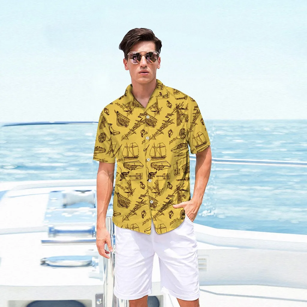 Летние пляжные Гавайские рубашки, мужские рубашки с коротким рукавом из хлопка на пуговицах, повседневные рубашки с цветочным принтом, Мужская одежда, мода NewDG3 - Цвет: Цвет: желтый
