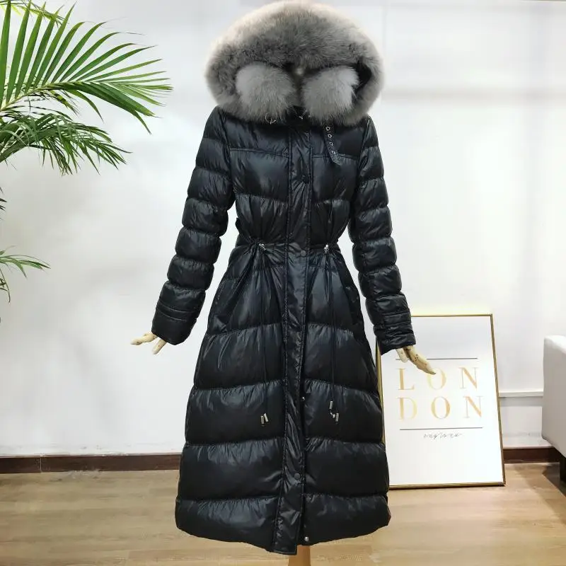 Johnature, новинка, зимние плотные Длинные теплые пальто с меховым воротником, тонкие, 4 цвета, на молнии, белый утиный пух, модные женские парки - Цвет: Черный