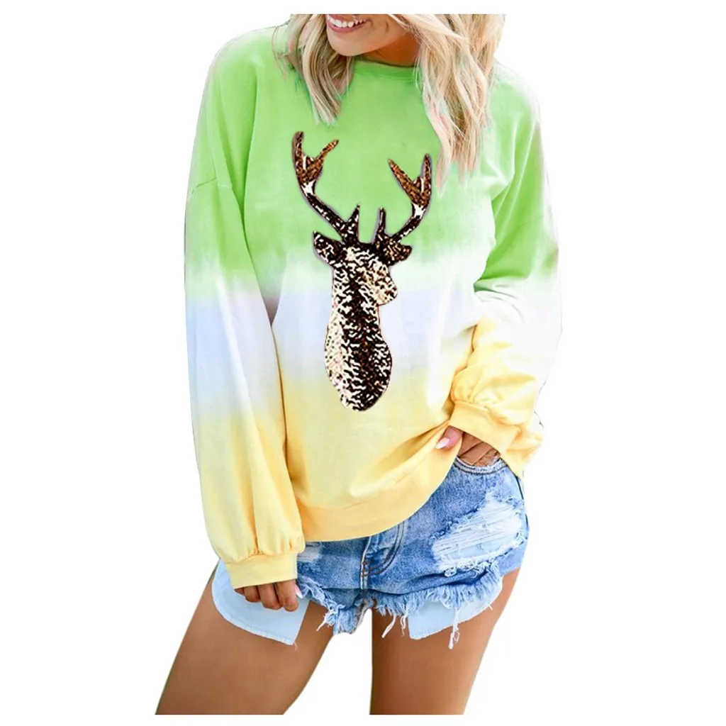 Poleras mujer de moda camiseta mujer футболка Женская толстовка с длинным рукавом цветной Галстук окрашенный принт с рождественским лосем пуловер - Цвет: Green