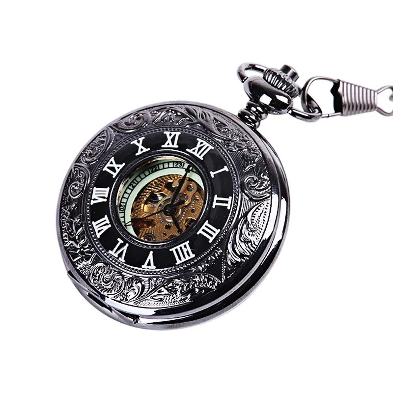 Механические карманные часы в римском стиле, большие черные толстые с цепью, с вырезами, с кружевом, светящиеся механические Классические карманные часы