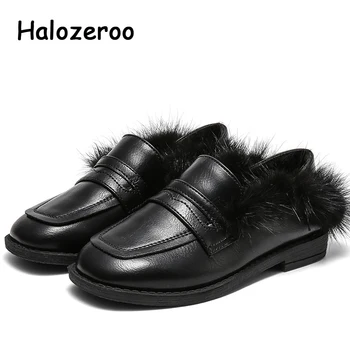 

Winter Kids Fur Shoes Baby Girls Warm Pu Leather Shoes Children Slip On Brand Flats Black Princess Loafer Fashion Moccasin New