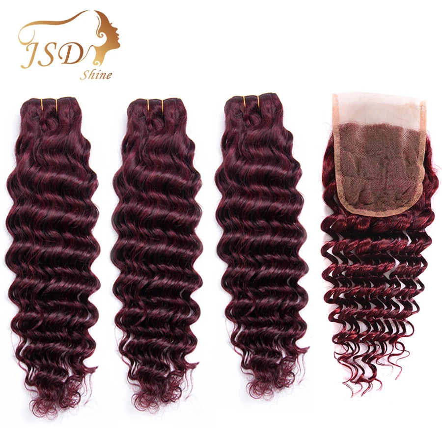 Человеческие волосы Связки с закрытием JSDShine бордовый бразильский глубокий пучки волнистых волос с закрытием 99J не волосы remy Расширения