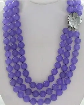 

3row 21"-23" 8mm lavender round jade beads necklace & shell flower clasp AAA+
