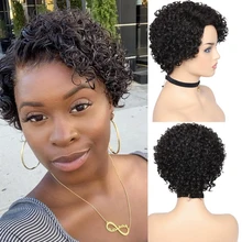 Short Bob Curly Hair Wigs Pixie Cut Brazilian Human Hair For Black Women Natural Black Remy Wig 150% Density Glueless Side Part