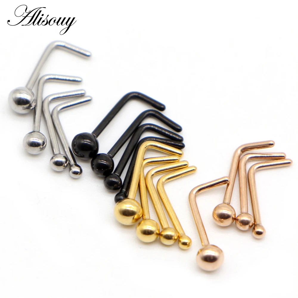 Alisouy 1PC Nose Studs Ball Round Nose Rings L-Shape Gold Color Nostril Stainless Steel Nose Piercing Body Jewelry For Women