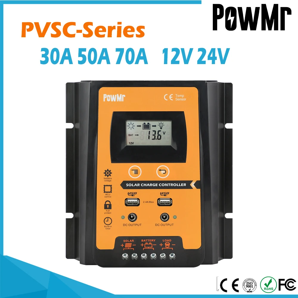 Контроллер заряда PowMr MPPT PWM 30 А 50 70 12 В 24 солнечный двойной USB-регулятор